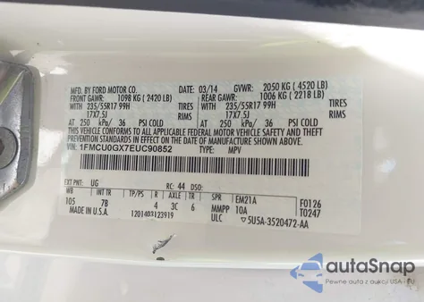 2014 Ford Escape Se z USA, uszkodzony, nr VIN 1FMCU0GX7EUC90852